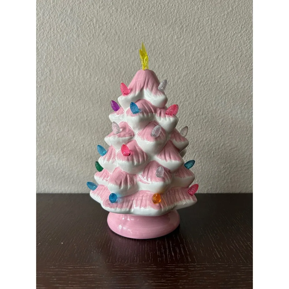 Retro Pink Glaze Ceramic Led Light Up Charming Christmas Tree Decor